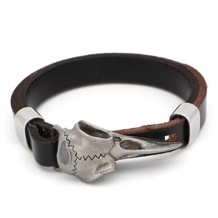 Viking Raven Skull Leather Bracelet