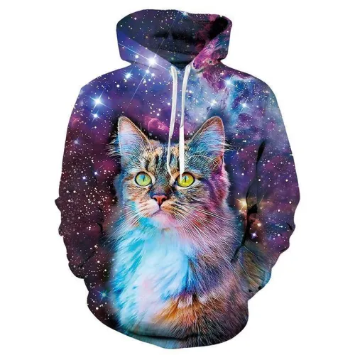Mens Hoodies 3D Printed Starry Sky Cat Printing Hooded