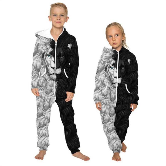 Children'S Jumpsuit Wolf Lion Face Printing Kids Rompers Nightwear Homewear Zipper Clothing
