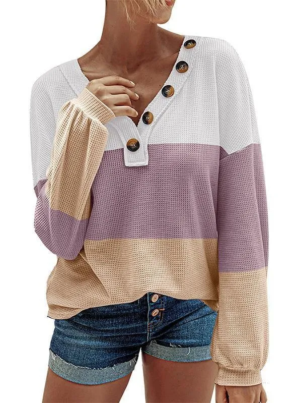 Women V Neck Button Waffle Knit Long Sleeve Shirts