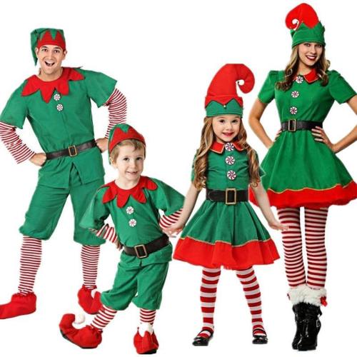 Christmas Elves Costumes Women Christmas Halloween Costume Long Sleeve Green And Red Girl Elf Dress Kids Christmas Costumes