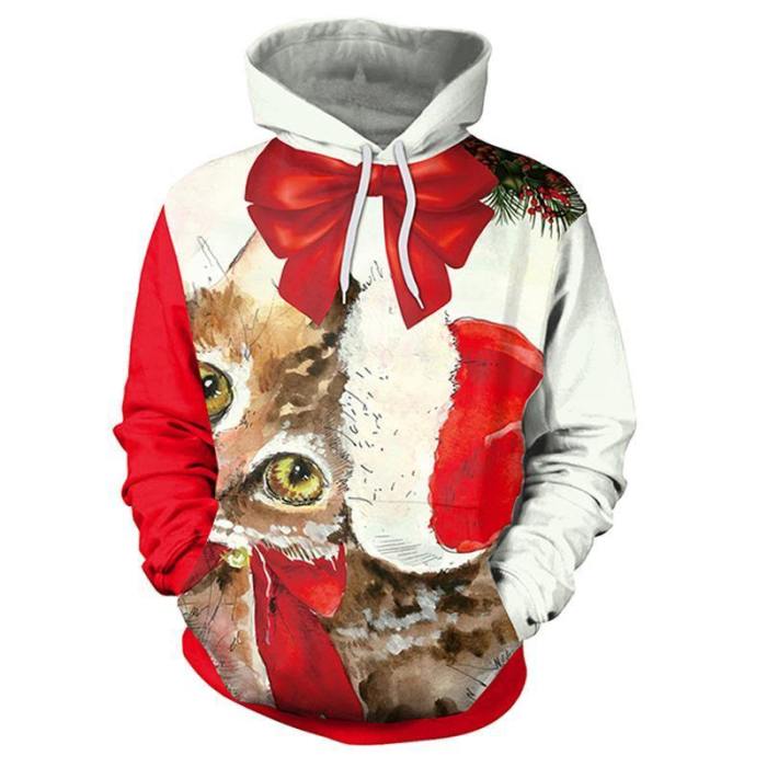 Womens Red Hoodies 3D Graphic Printed Merry Christmas Cat Face Pullover
