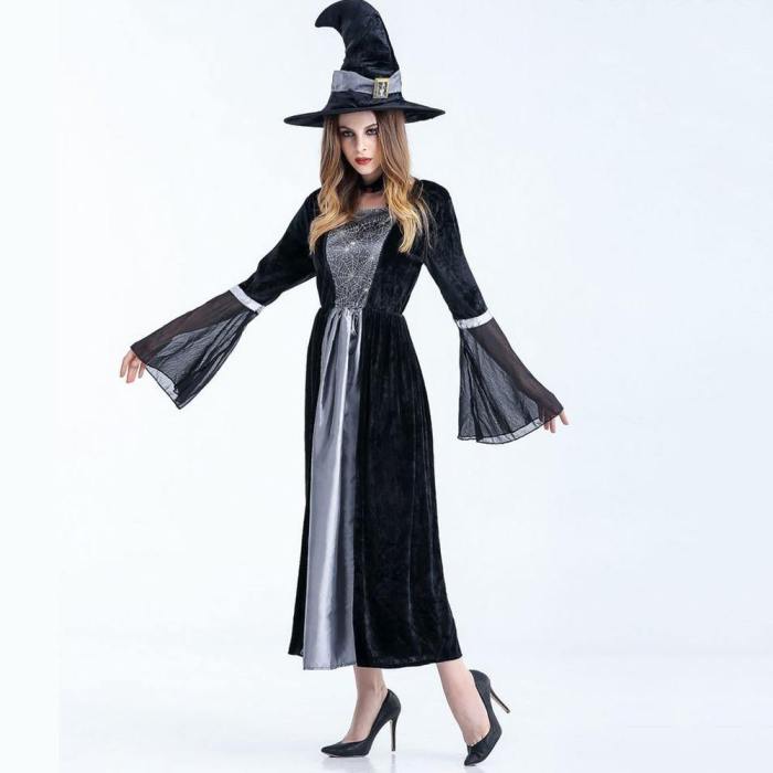 Gothic Halloween Mesh Dresses Women  New Winter Witch Cosplay Costumes Hat Trendy Girls Theme Party Classic Pleated Dress