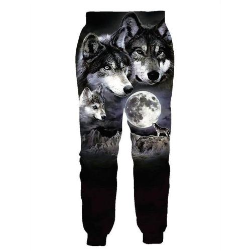 Mens Jogger Pants 3D Printing Wolf Face Pattern Trousers