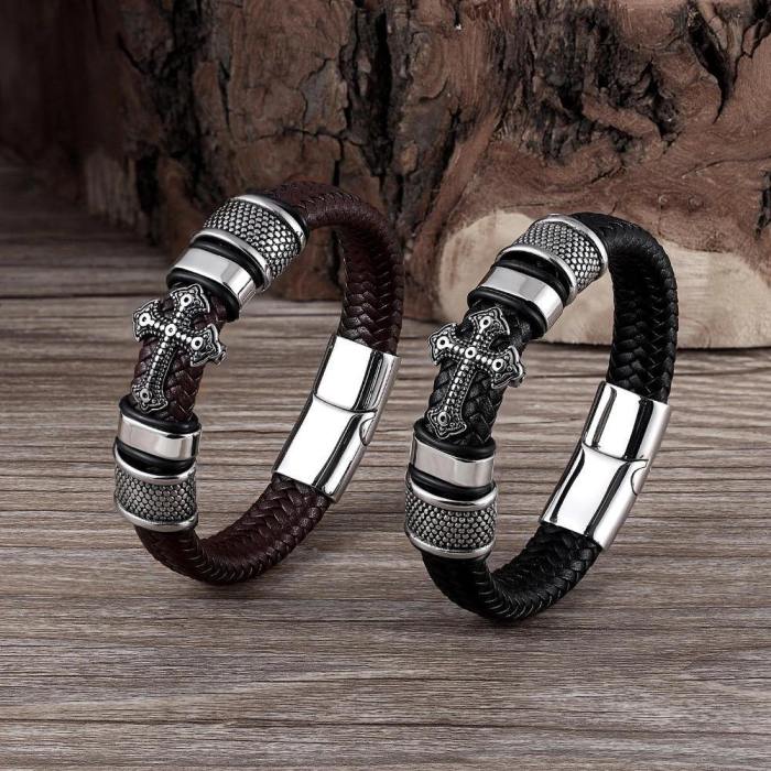 Cross Style Multi-Layer Leather Chain Weaved Bracelets