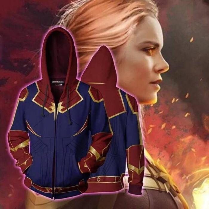 Captain Marvel Sweatshirts Cosplay Costume Zipper Coat Jacket Hoodie