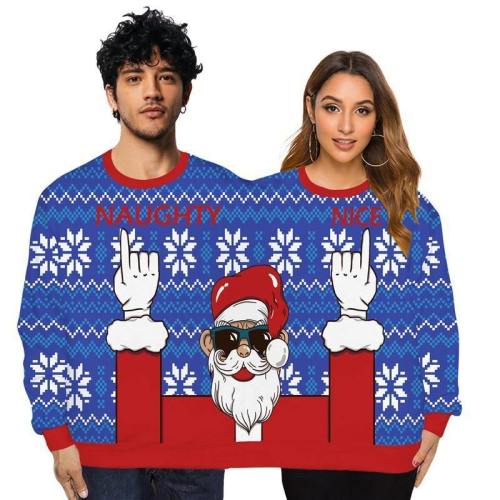 Couple Wear Lovers Men Women Connected Blue Hoodies Christmas Santa Claus Pattern Sweatshirt