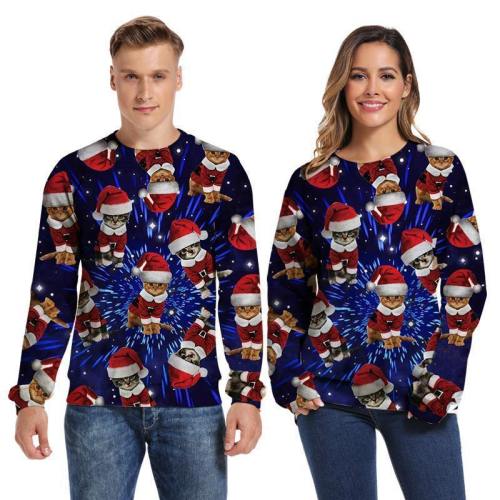 Mens Pullover Sweatshirt 3D Printed Merry Christmas Cat Blue Long Sleeve Shirts