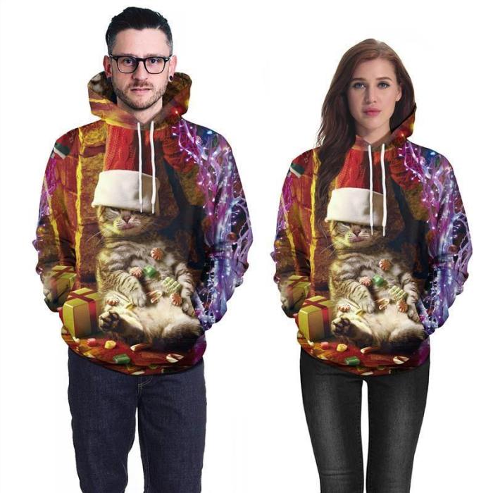 Mens Hoodies 3D Graphic Printed Merry Christmas Lazy Cat Pullover