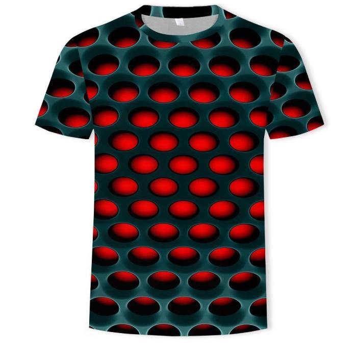 Mens 3D Printing T Shirt Red Hole Pattern Shirt