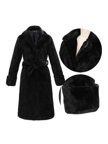 Winter Faux Fur Lapel Black Coat With Belt