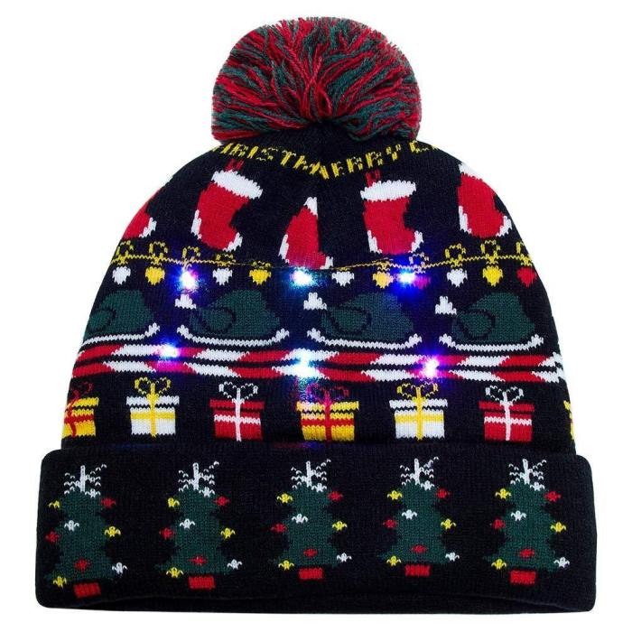 Light Up Holiday Cap Christmas Tree Pattern X-Mas Hat With Led Lights
