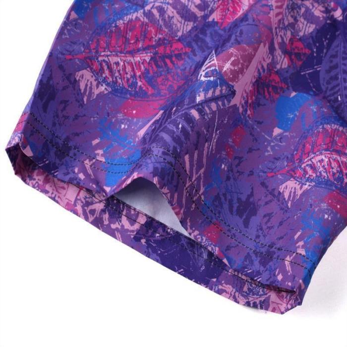 Men'S Beach Board Shorts Tropical Floral Pattern Purple Color Swimming Pants