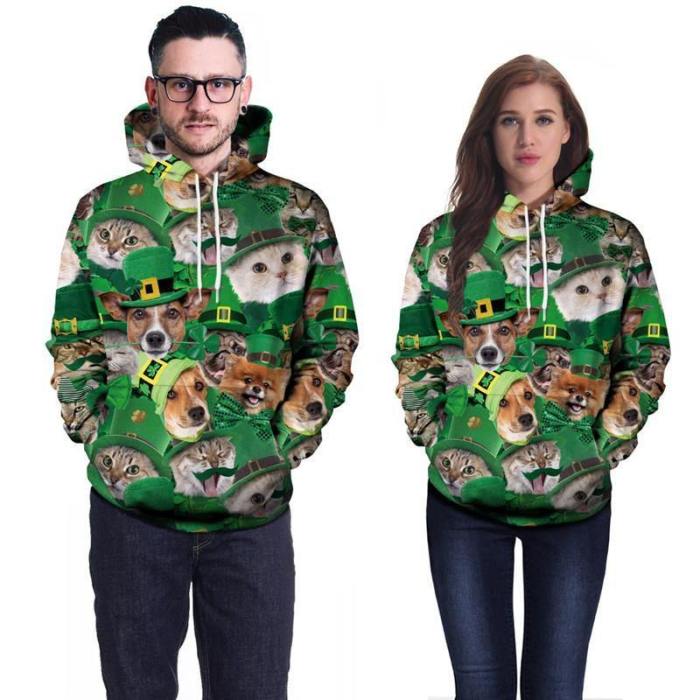 St.Patrick'S Day 3D Cat Irish Hoodie Pullover Sweatshirt
