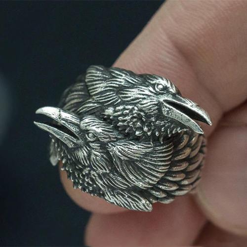 Two Entwined Viking Ravens Ring In Stainless Steel