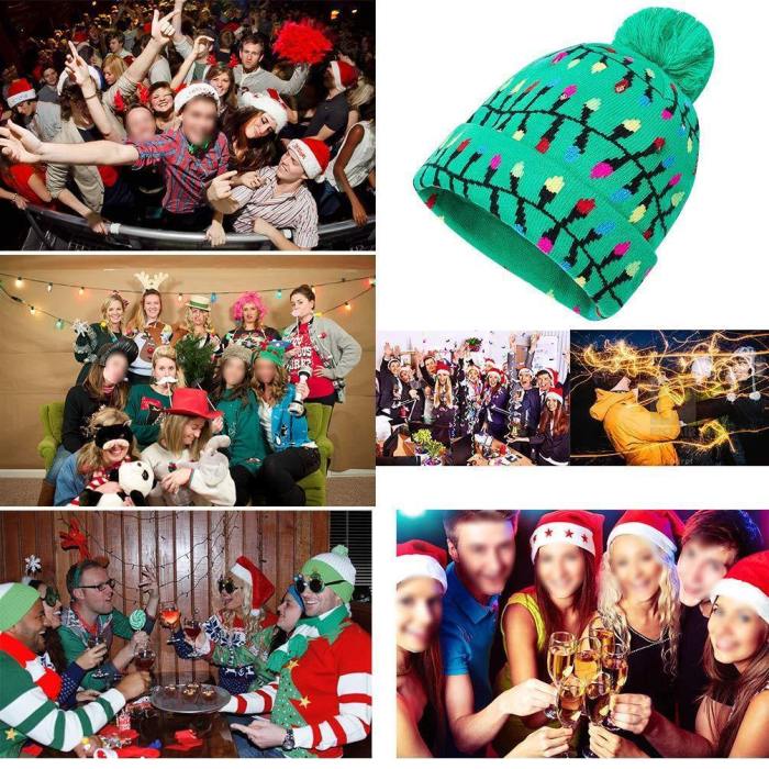Christmas Caps For Men Women Ugly Knitted Beanie Green Hats With 6 Colorful Lights