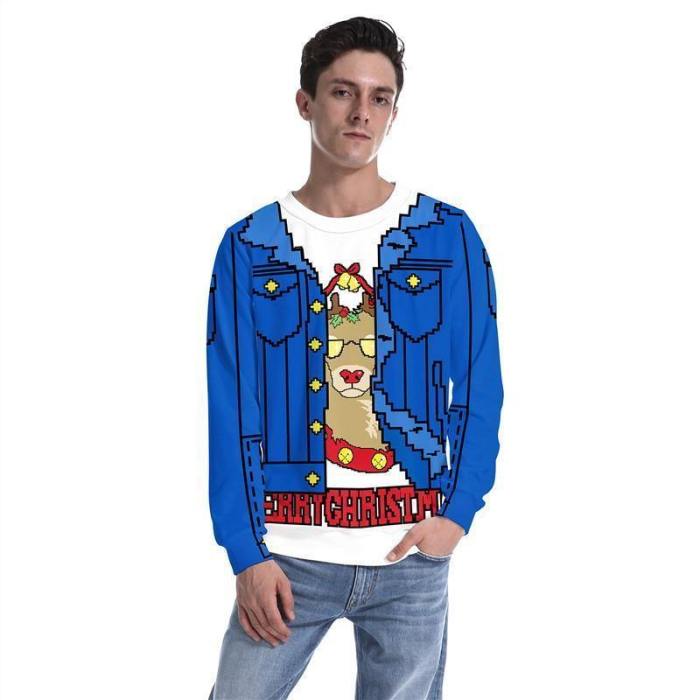 Mens Blue Pullover Sweatshirt 3D Graphic  Merry Christmas Pattern
