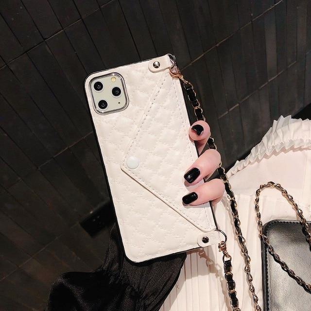 Quilted Leather Wallet Phone Case With Crossbody Chain