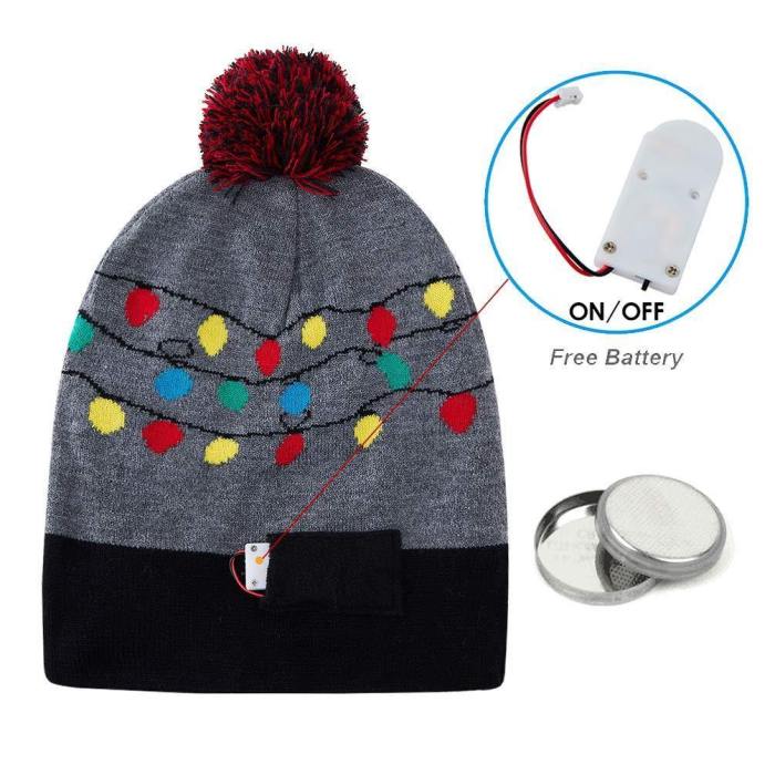 Christmas Caps For Men Women Fa La La Ugly Knitted Beanie Grey Hats With Colorful Lights
