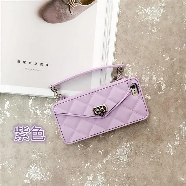 Quilted Pattern Wallet Phone Case With Hand Strap And Crossbody Chain