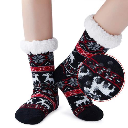 Women Girls Xmas Black Socks Winter Fleece Lining Snowflake Deer Christmas Slipper Socks