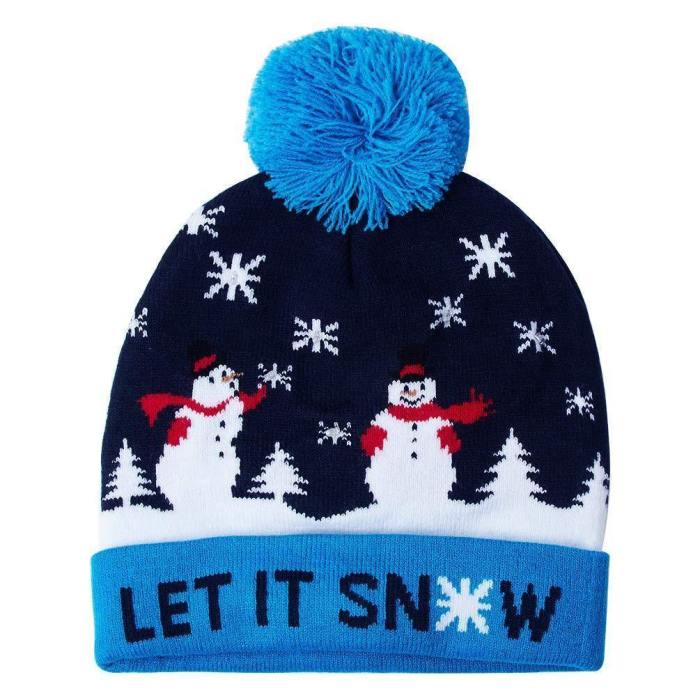 Colorful Light Up Christmas Hat Let It Snow Xmas Element Knitted Beanie Hat Caps