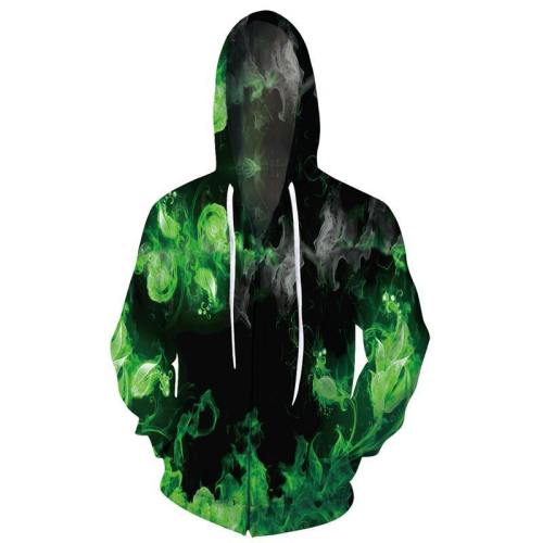 Mens Zip Up Hoodies 3D Printed Green Smoke Printing Pattern Hooded