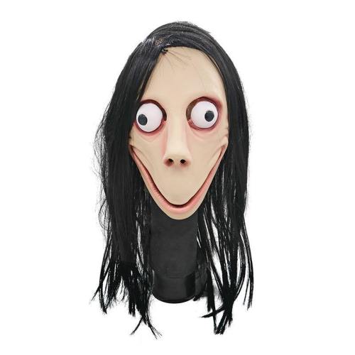 Death Hacking Momo Scary Latex Mask Ghost Long Wig Halloween Cosplay