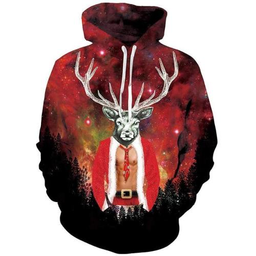 Mens Hoodies 3D Printing Hooded Christmas Deer Printed Pattern