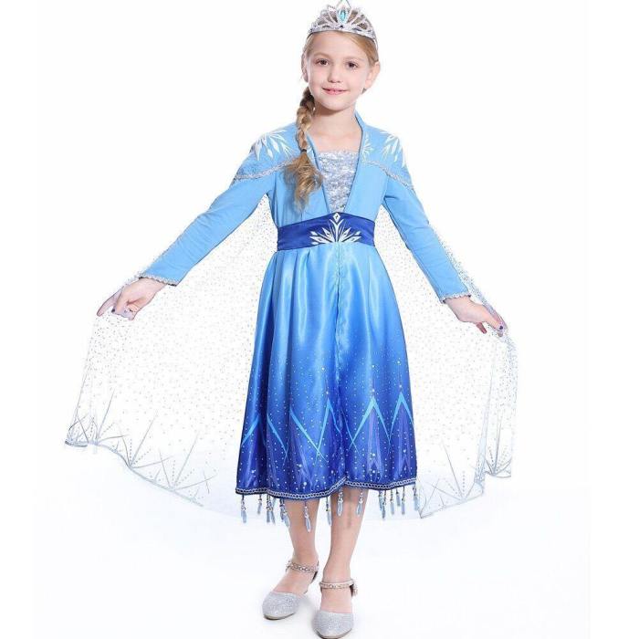 New Girl Elsa 2 Dress Snow Queen Princess Costumes Long Seelve Blue Outfit Dress Children'S Party Dress