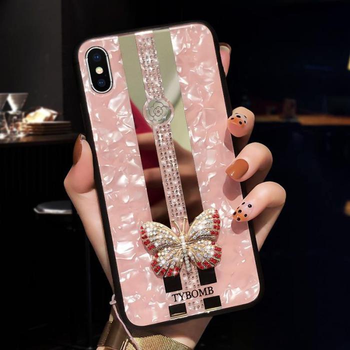 Glossy Butterfly Mirror Jewelled Phone Case With Hand Strap
