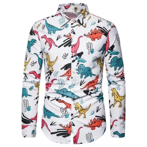 Mens Shirts Christmas Dinosa Printed Blouse