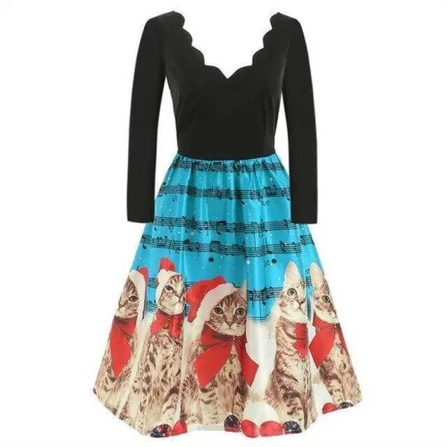 Christmas Cats Musical Notes Print Sleeveless Dress