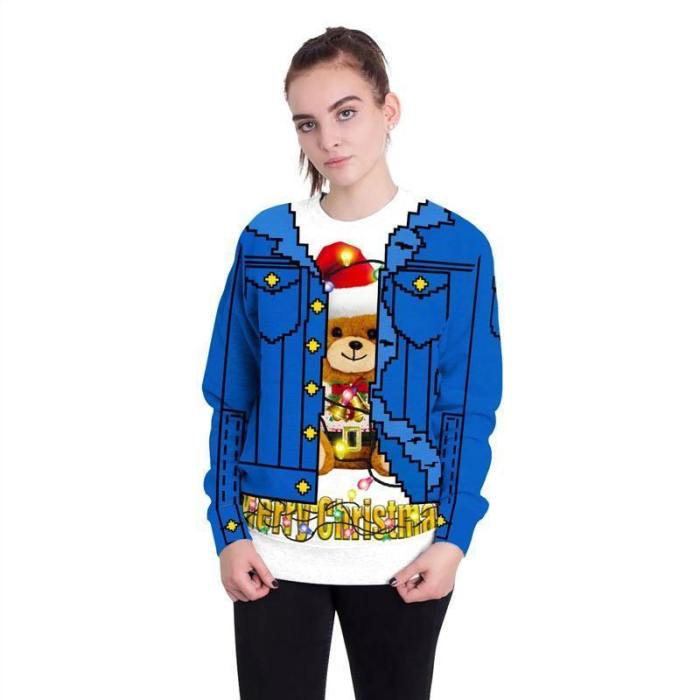 Womens Blue Pullover Sweatshirt 3D Graphic  Merry Christmas Bear Pattern