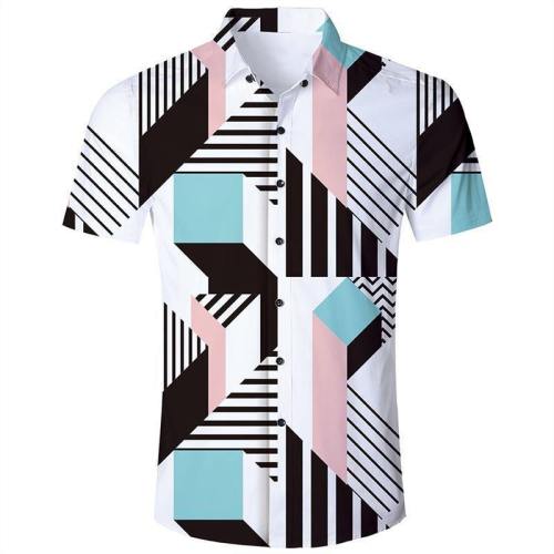 Men'S Hawaiian Short Sleeve Shirts Geometric Stripes Printing