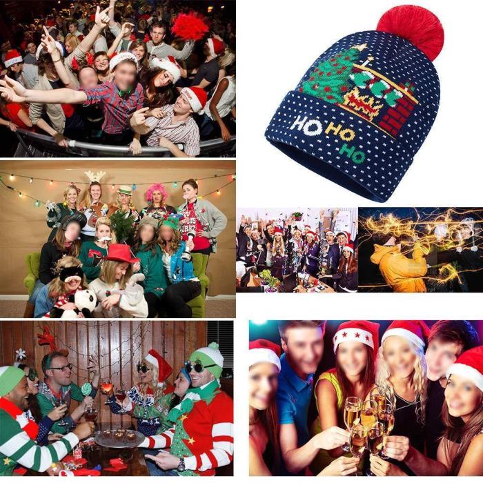 Funny Ho Ho Ho Christmas Dark Blue Hats For Men Women Knitted Light Hat Holiday Party Hats