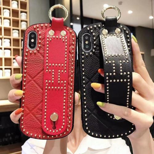 Luxury Curved Rivet Leather Phone Case With Hand Strap