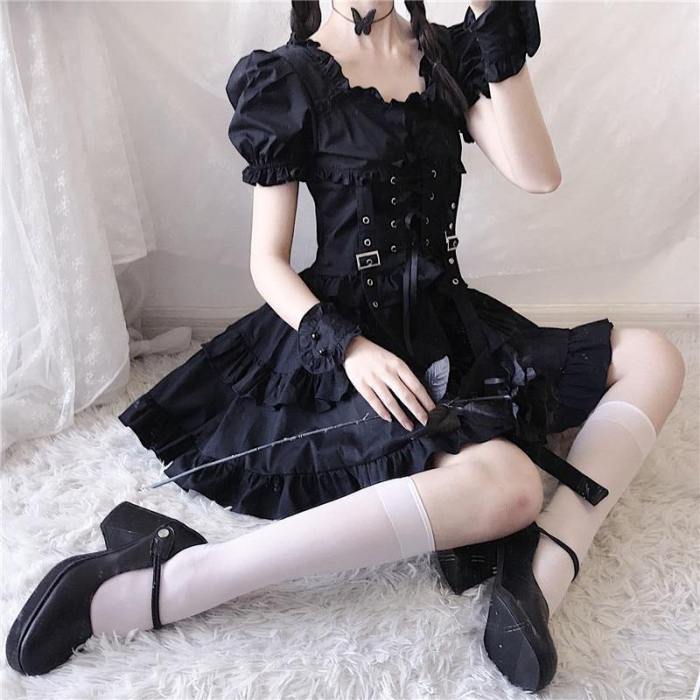 Gothic Japanese Girl Vintage Puff Sleeve Bandage Mini Lolita Dress