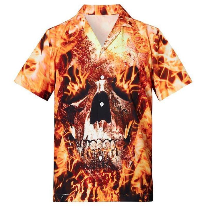 Men'S Hawaiian Shirts Fire Skull Printed
