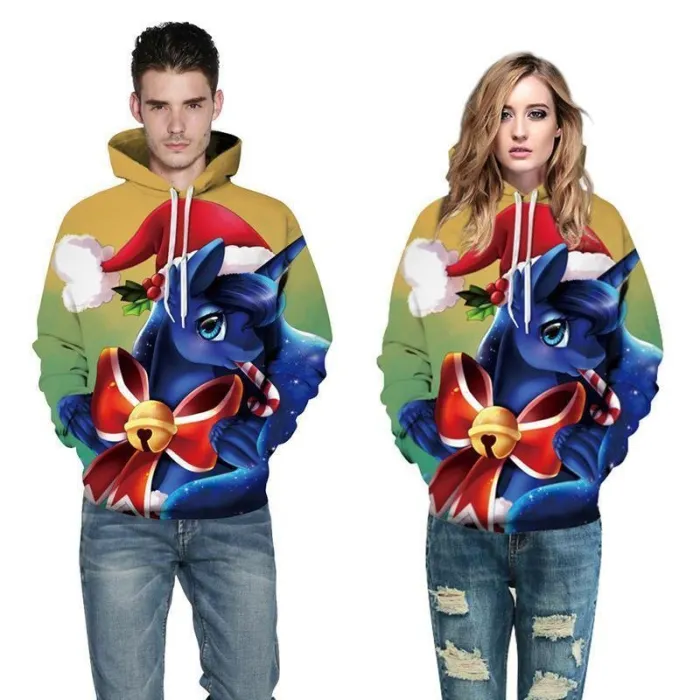 3D Print Hoodie - Cartoon Unicorn Printing Christmas Pullover Hoodie  Css046