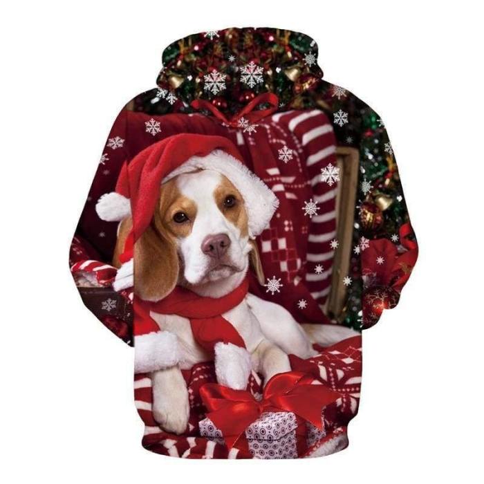 3D Print Hoodie - Cute Christmas Dog Pattern Pullover Hoodie