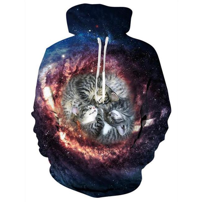 Mens Hoodies 3D Printing Hooded Starry Sky Cat Printed Pattern Sweatshirt Pullover