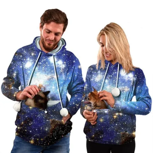 Mens Womens Hoodies Galaxy Pullovers With Cat Dog Cuddle Pouch Bags