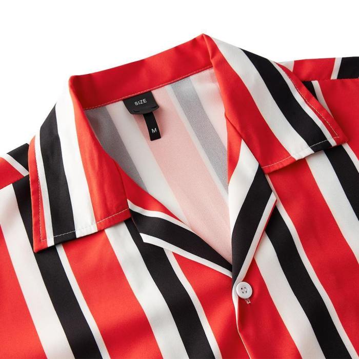 Men'S Hawaiian Shirt Red Black Stripes Printing