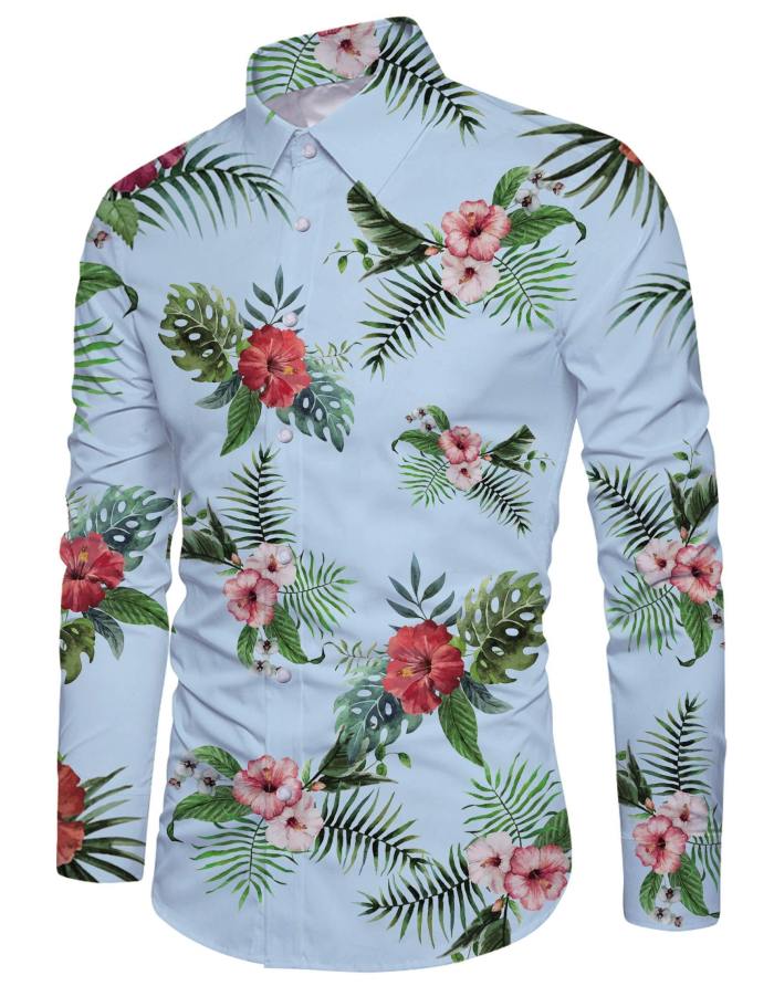 Mens Floral 3D Printing Long Sleeve Shirt