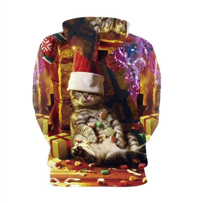 Mens Hoodies 3D Graphic Printed Merry Christmas Lazy Cat Pullover
