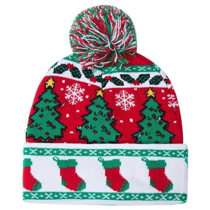 Light Up Womens Mens Hat Christmas Socks Printed Flashing Beanie Cap Winter Snow Sweater Ugly Hat Beanies