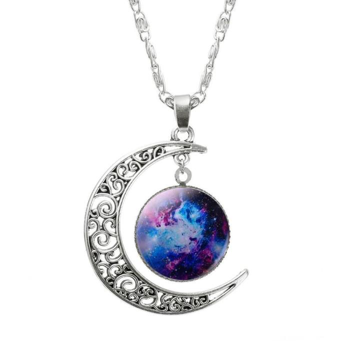 Galaxy Moon Silver Pendant Necklace