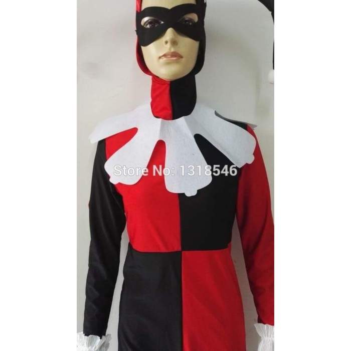 Harley Quinn Cosplay Jumpsuit Costume Black and Red Fitted Harlequin Cosplay Costume Halloween Clown Joker Costume Costumes