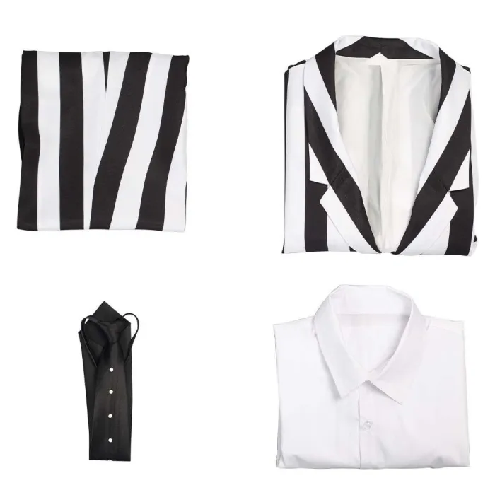 Beetlejuice Adam Men Black And White Striped Suit Jacket Shirt Pants Outfits Halloween Carnival Costume Cosplay Costume